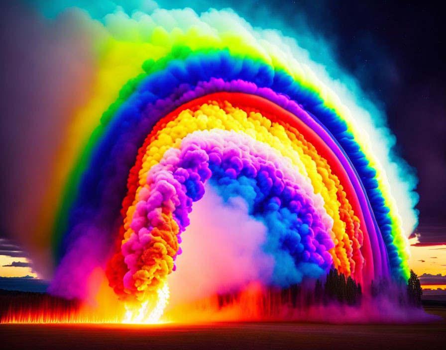 Multicolored Rainbow Explosion Over Dark Forest Silhouette