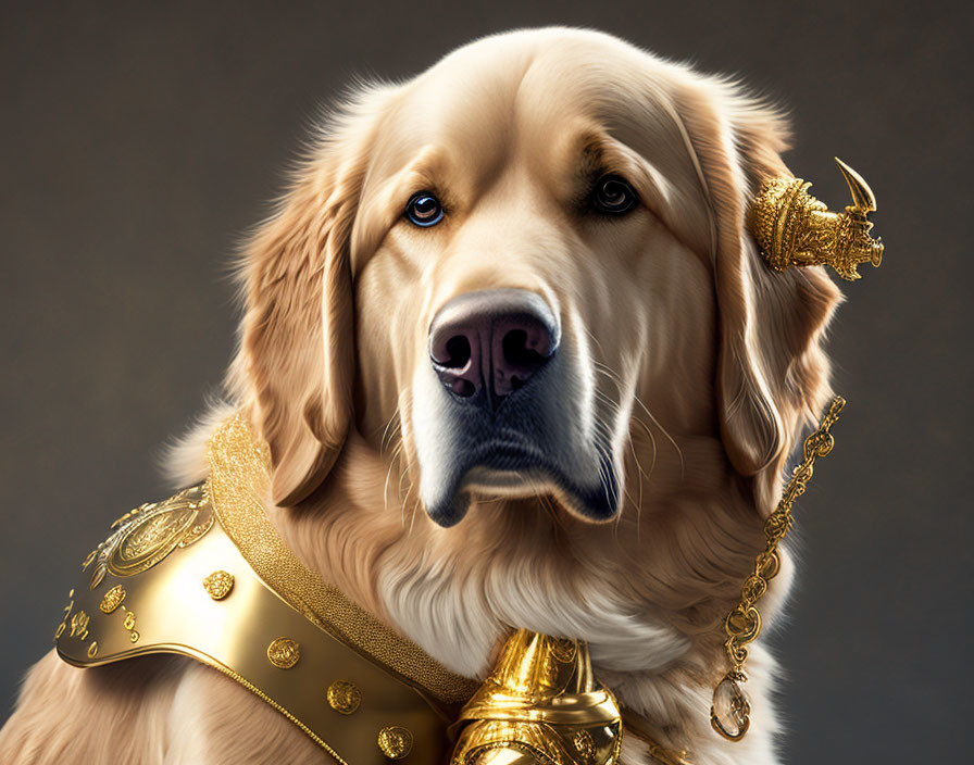 Golden retriever in ornate golden armor with horn, looking regal.