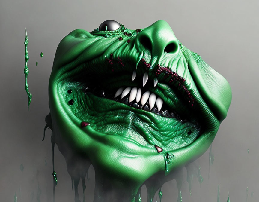 Detailed 3D Rendering of Monstrous Green Creature on Grey Background