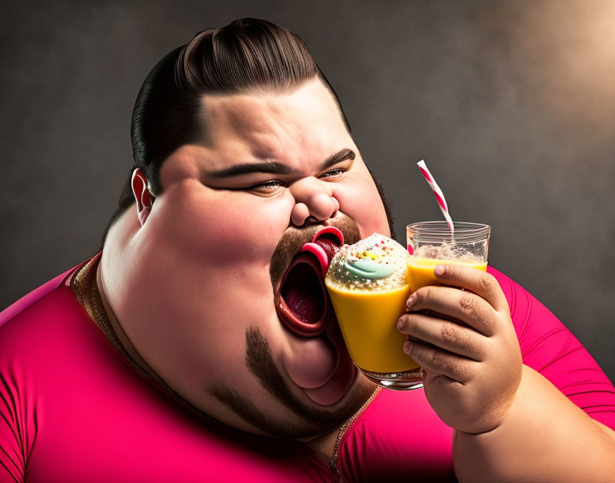 Overweight man with large mouth enjoying cupcake and drink