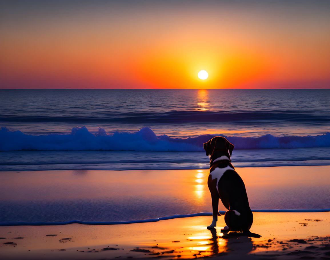 Dog on Beach at Sunset with Ocean Waves and Sun Glow