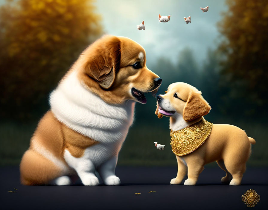 Two fluffy Corgi dogs in surreal digital art