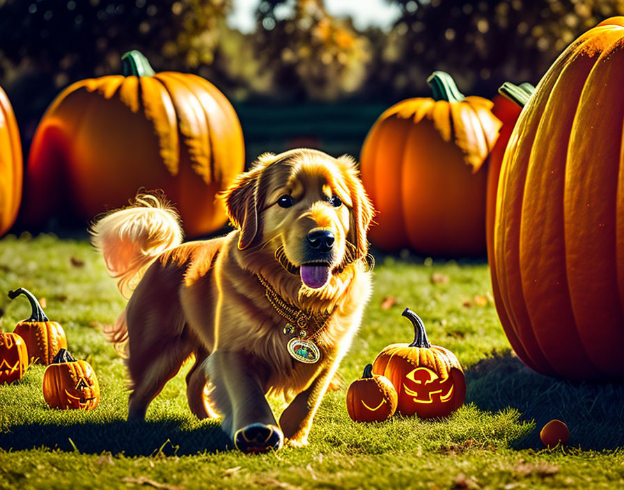 Golden Retriever Among Carved Pumpkins in Autumn Scene