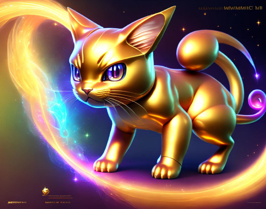 Golden stylized cat with glowing body in swirling purple and blue energy on dark background