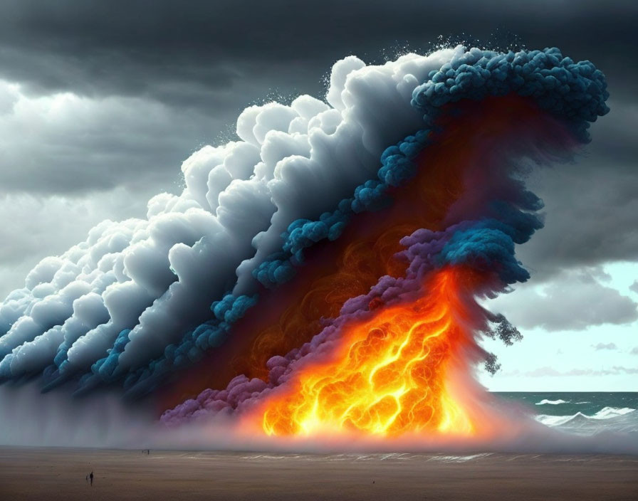 Digital artwork: Colossal wave of fiery clouds over beach with solitary figure