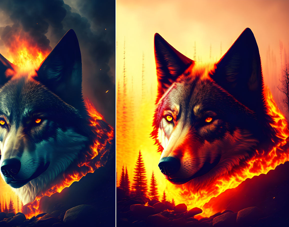 Vivid wolf art with fiery backdrop and orange hues