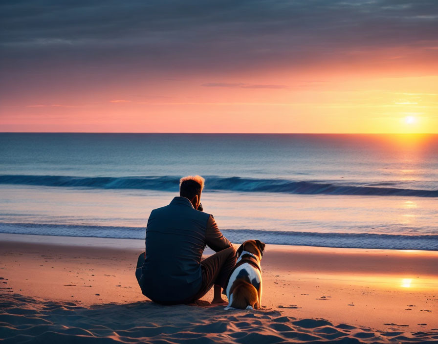 Businessperson and dog enjoy sunset on beach.