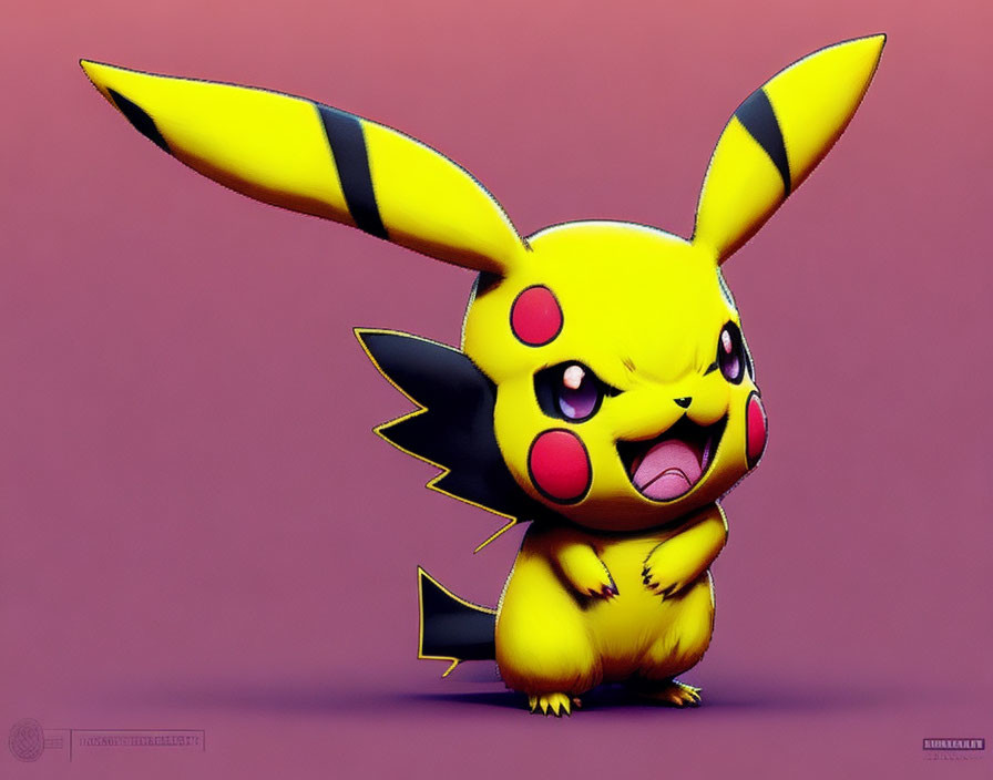 Yellow Pikachu digital artwork with lightning bolt tail on pink background.