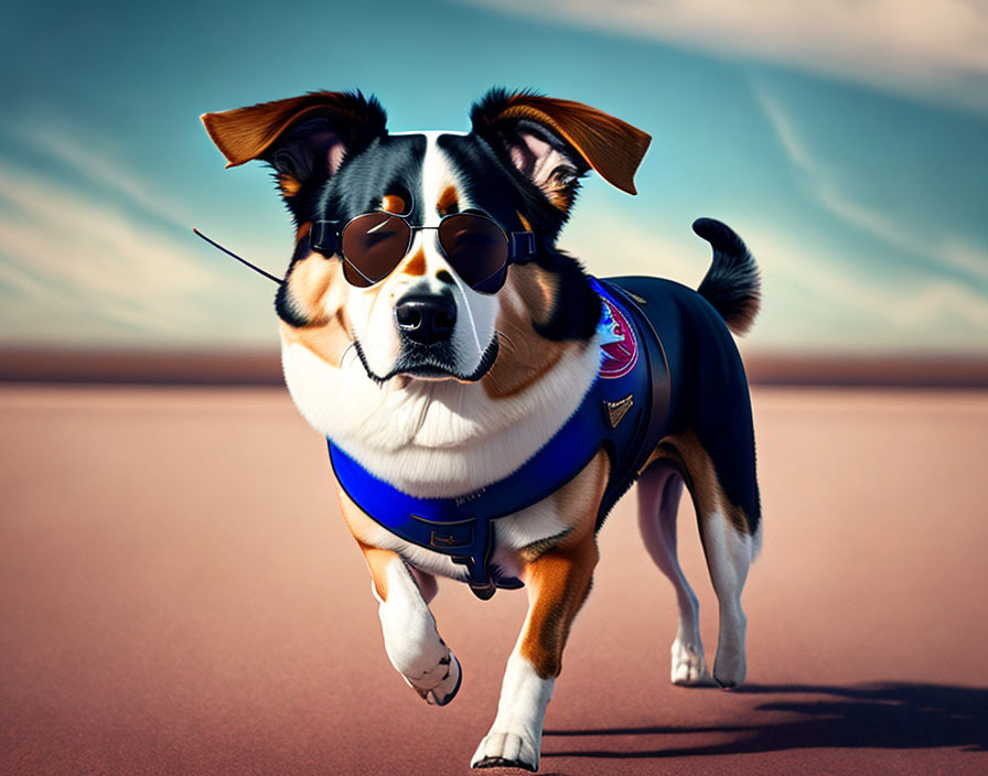 Stylized animated dog in blue vest, sunglasses, badge, trotting on sandy surface