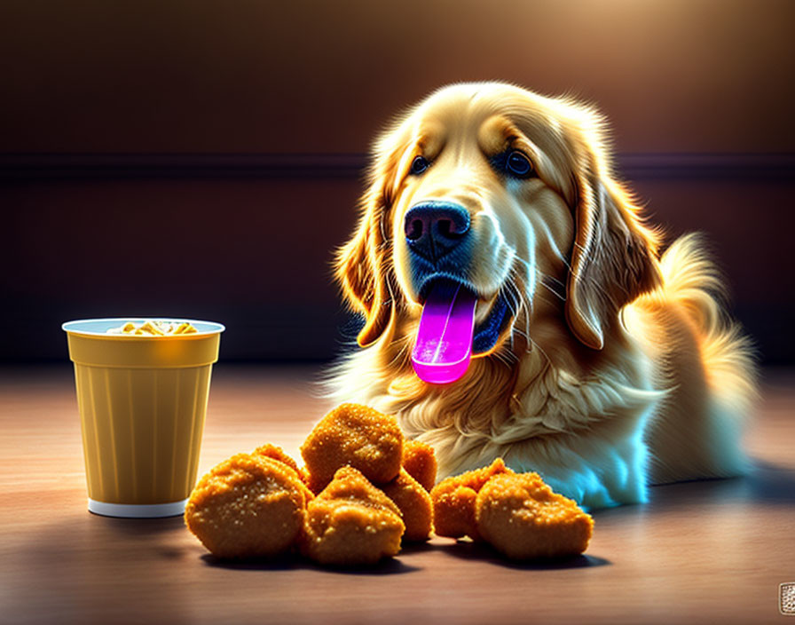 Golden retriever with blue tongue eyeing nuggets and paper cup on floor