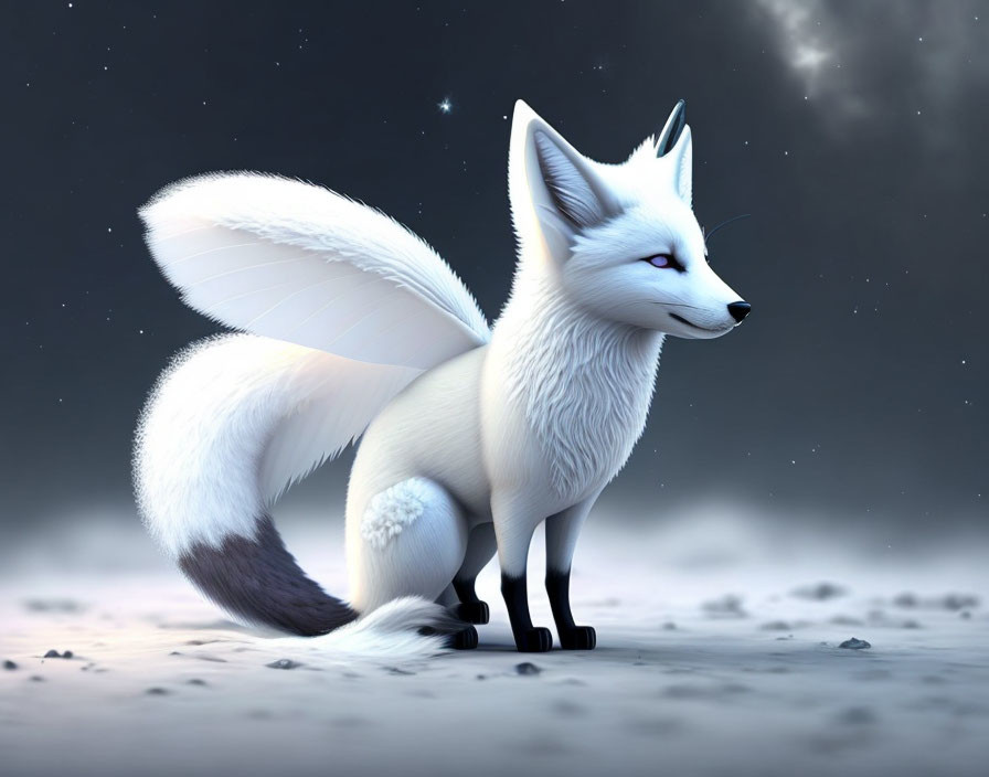 Mythical white fox with wings under starry night sky