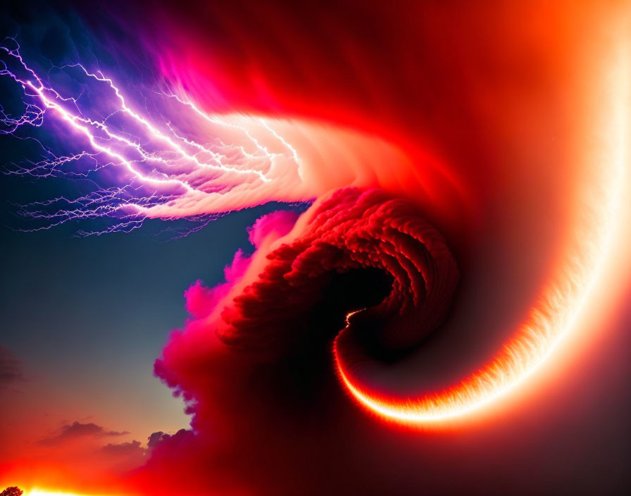 Dramatic red cloud swirl with lightning in blue sky