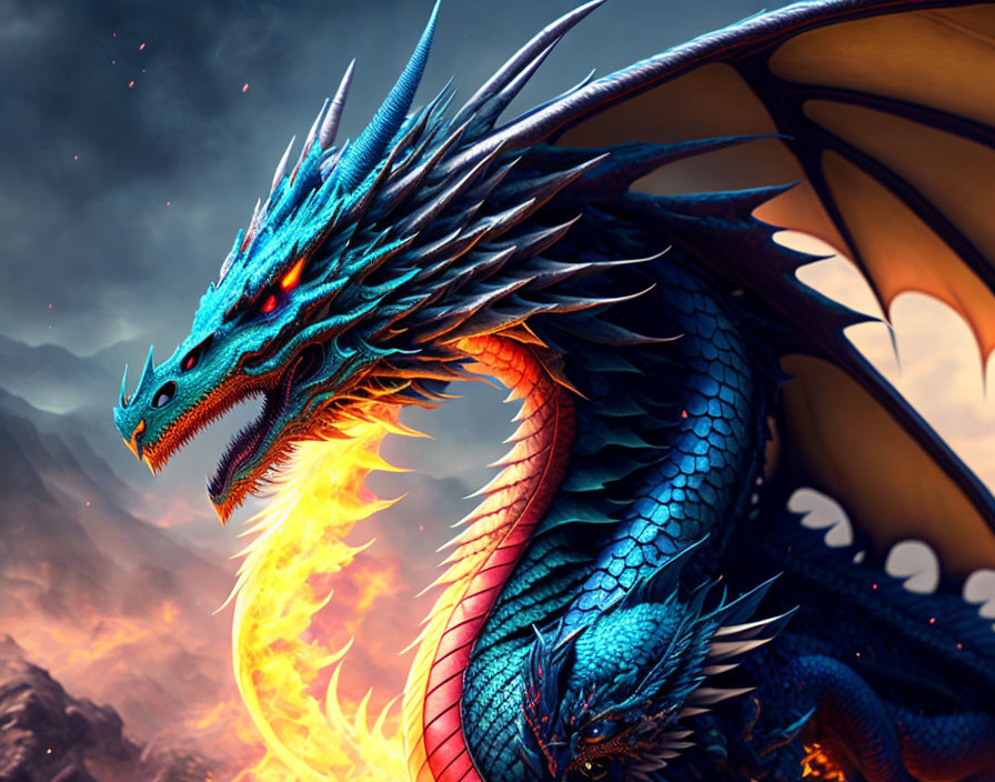 Blue-scaled dragon breathing fire under stormy sky.