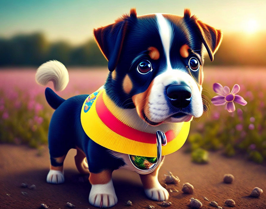 Colorful Collar Cartoon Puppy in Sunlit Field with Flowers