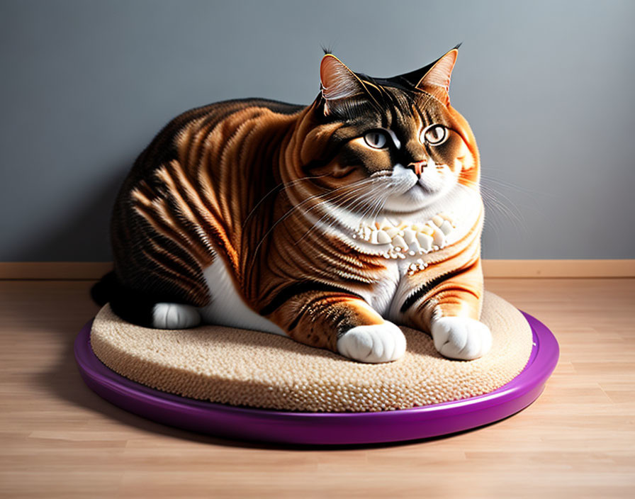 Striped Cat with Bell Collar on Beige Scratch Pad Against Gray Wall