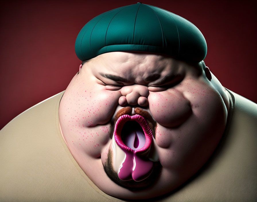 Overweight character with green hat and exaggerated uvula