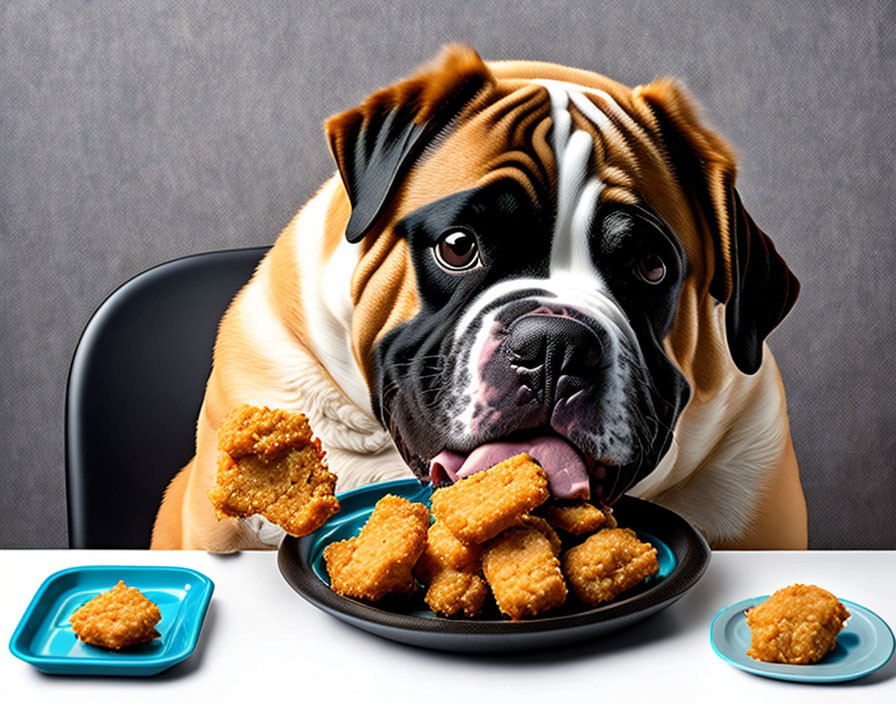 Stylized bulldog with tongue out eyeing chicken nuggets on table