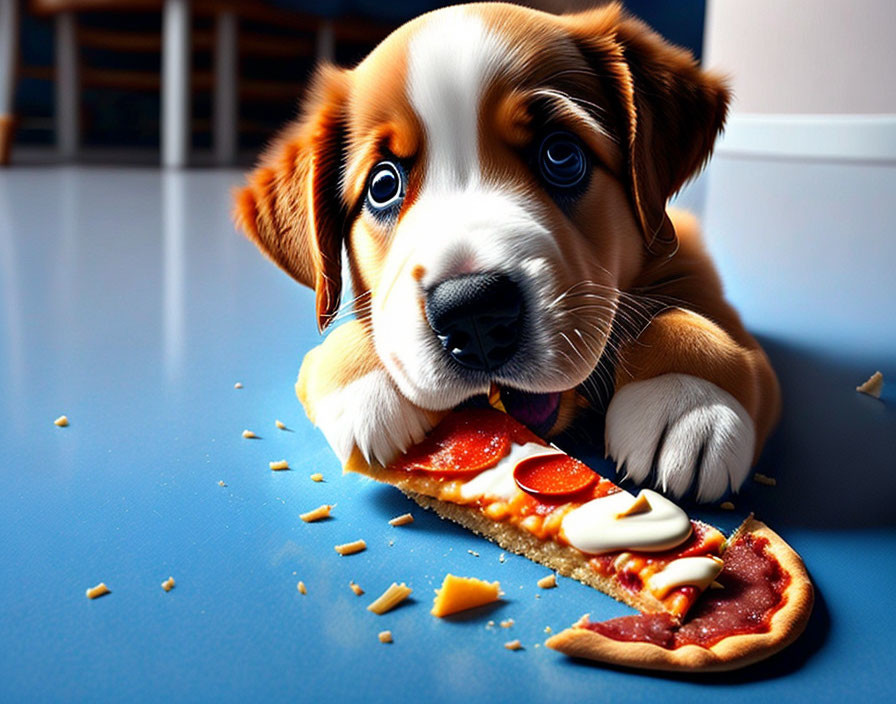 Brown and White Puppy Eating Pizza on Blue Floor