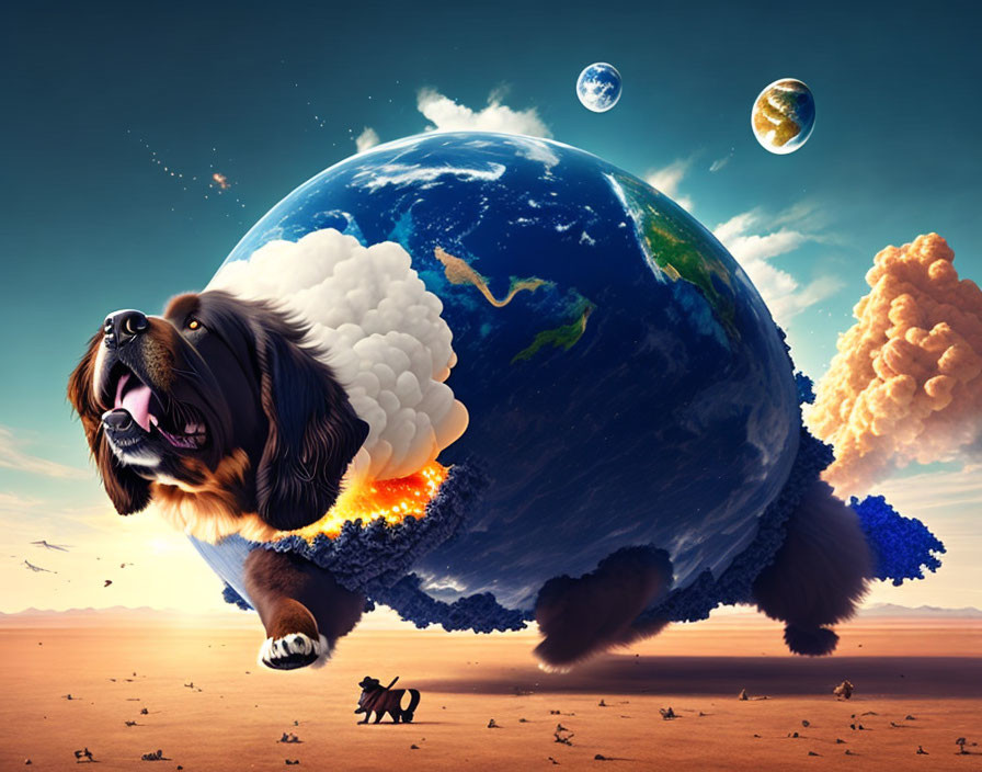 Giant dog fused with Earth walking under cosmic sky with moons