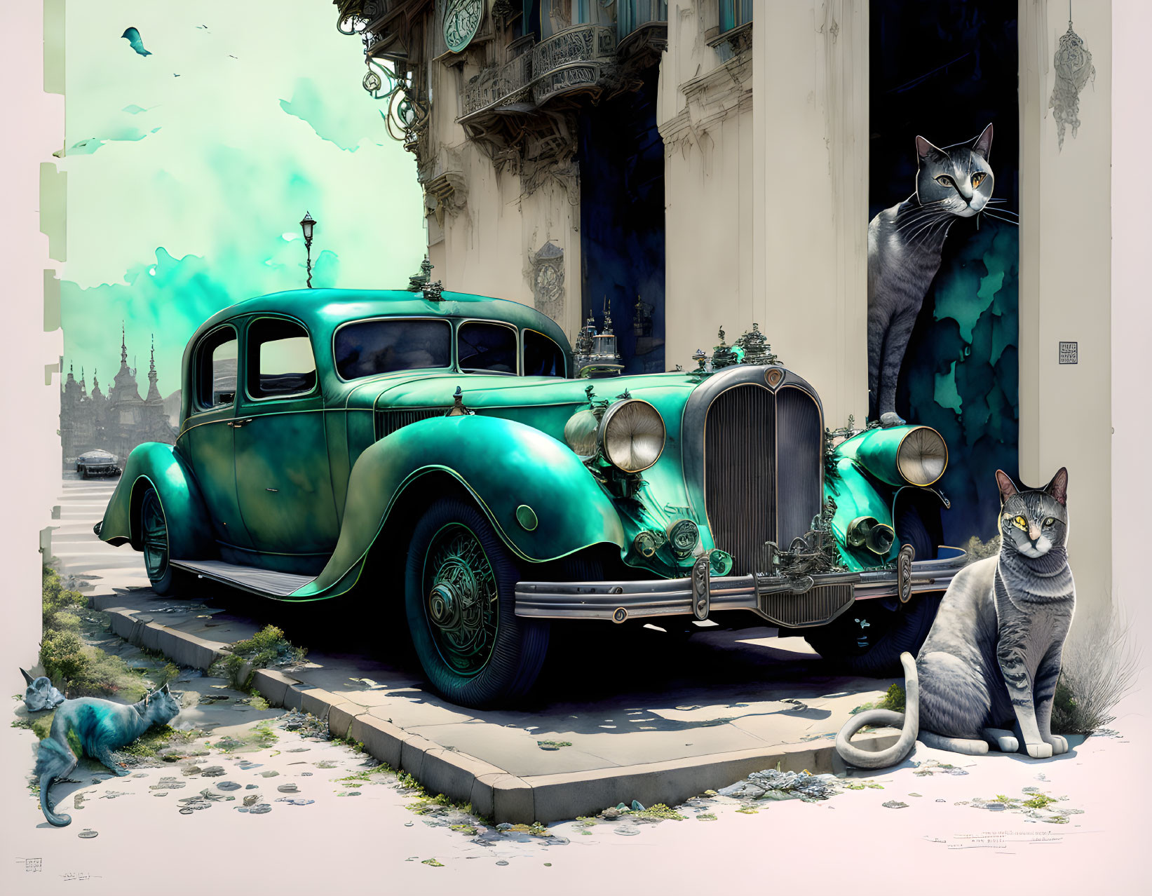 Vintage Green Car Parked by Building with Oversized Cats & Surreal Sky with Floating Fish