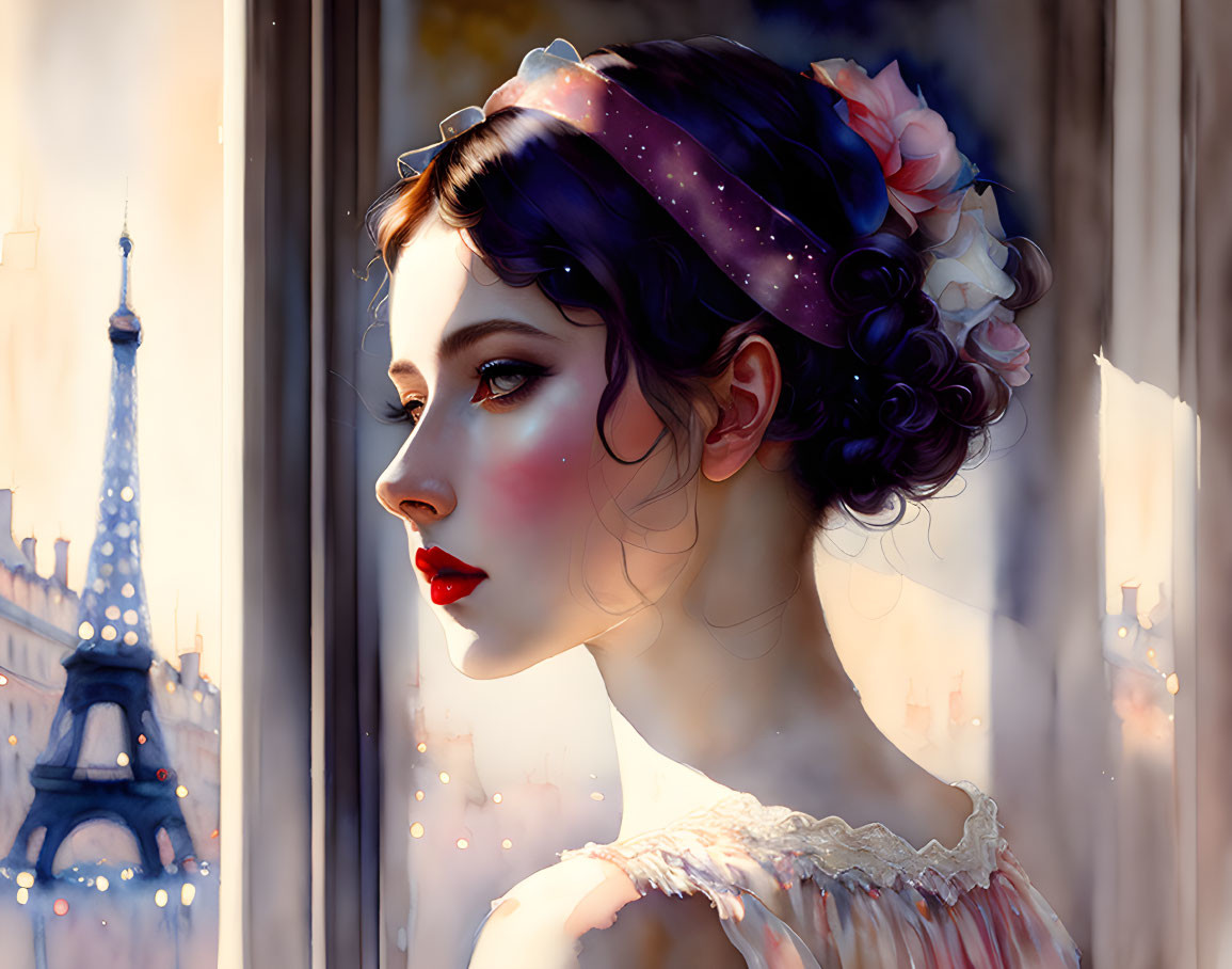 Stylized portrait of young woman with Eiffel Tower in background