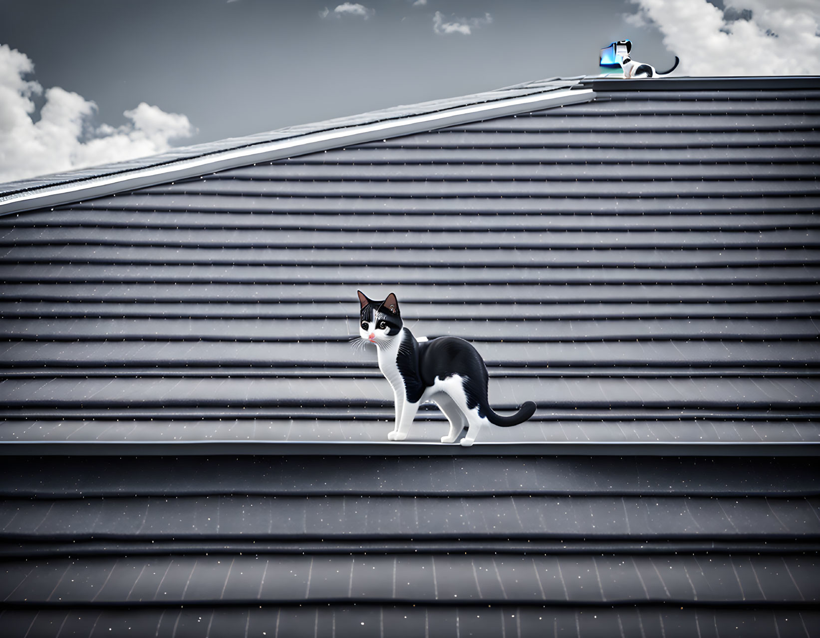 Black and white cat on gray roof with toy cat under dramatic cloudy sky