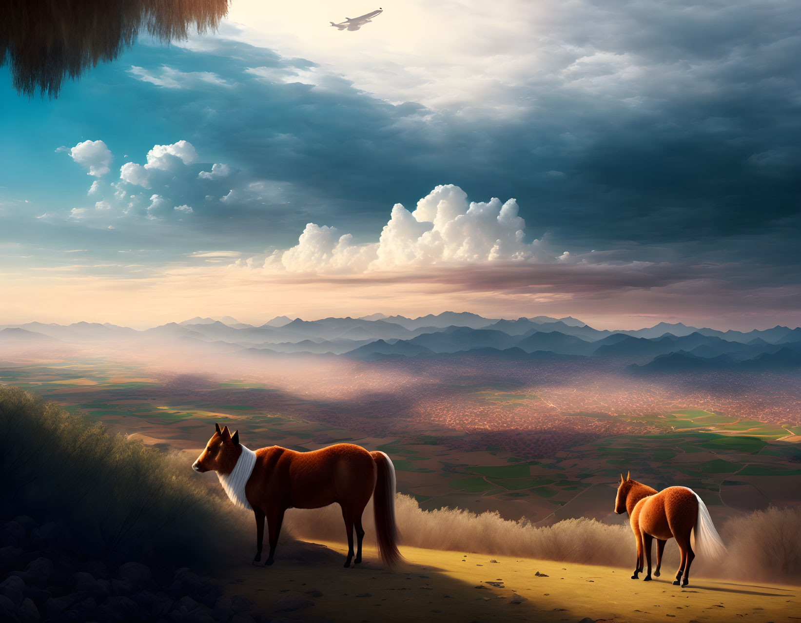 Two horses on hill with vast landscape and airplane in the distance