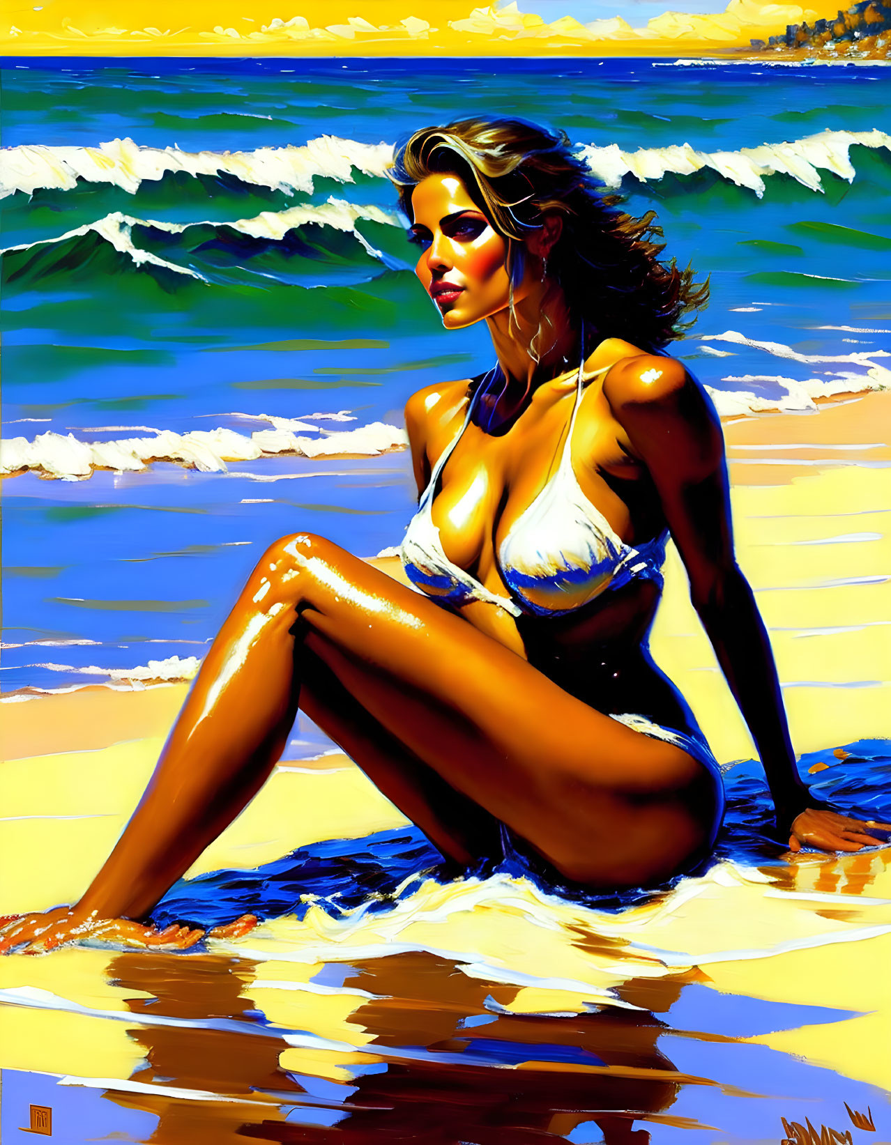 Colorful Bikini Woman Illustration on Sunny Beach with Waves