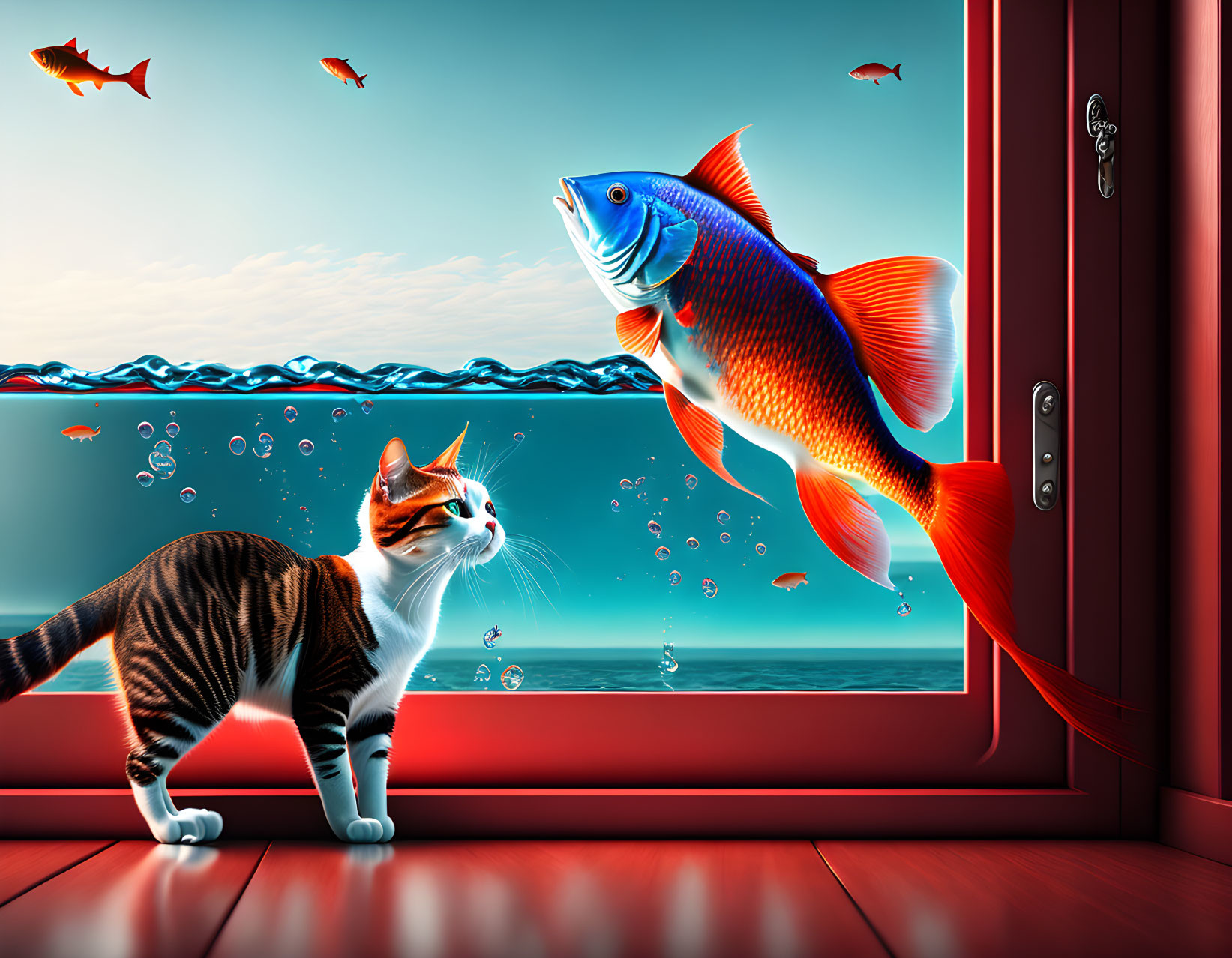 Tabby cat watching colorful fish in room with giant aquarium wall