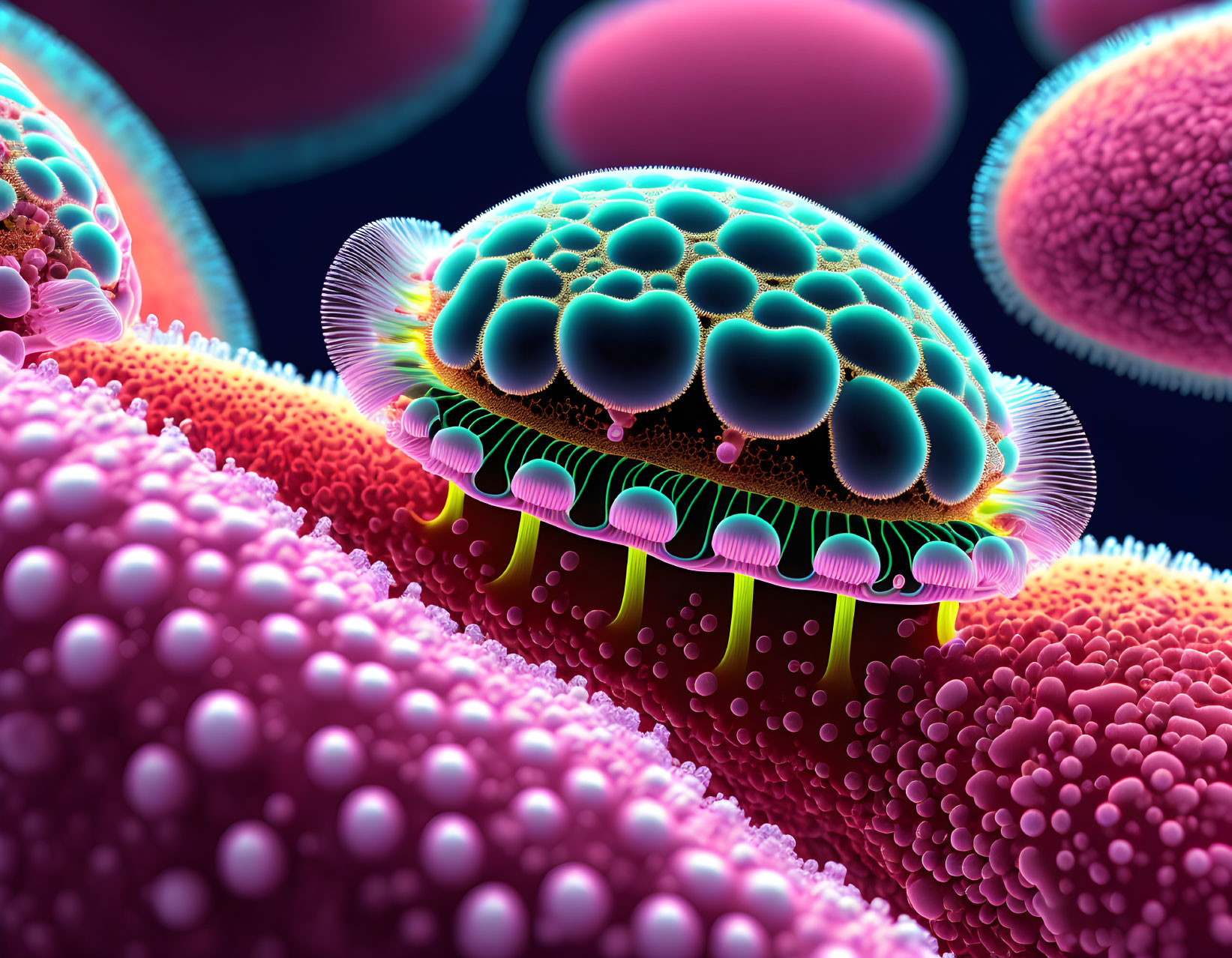 Vibrant Microscopic Cell Illustration in Pink, Purple, and Turquoise