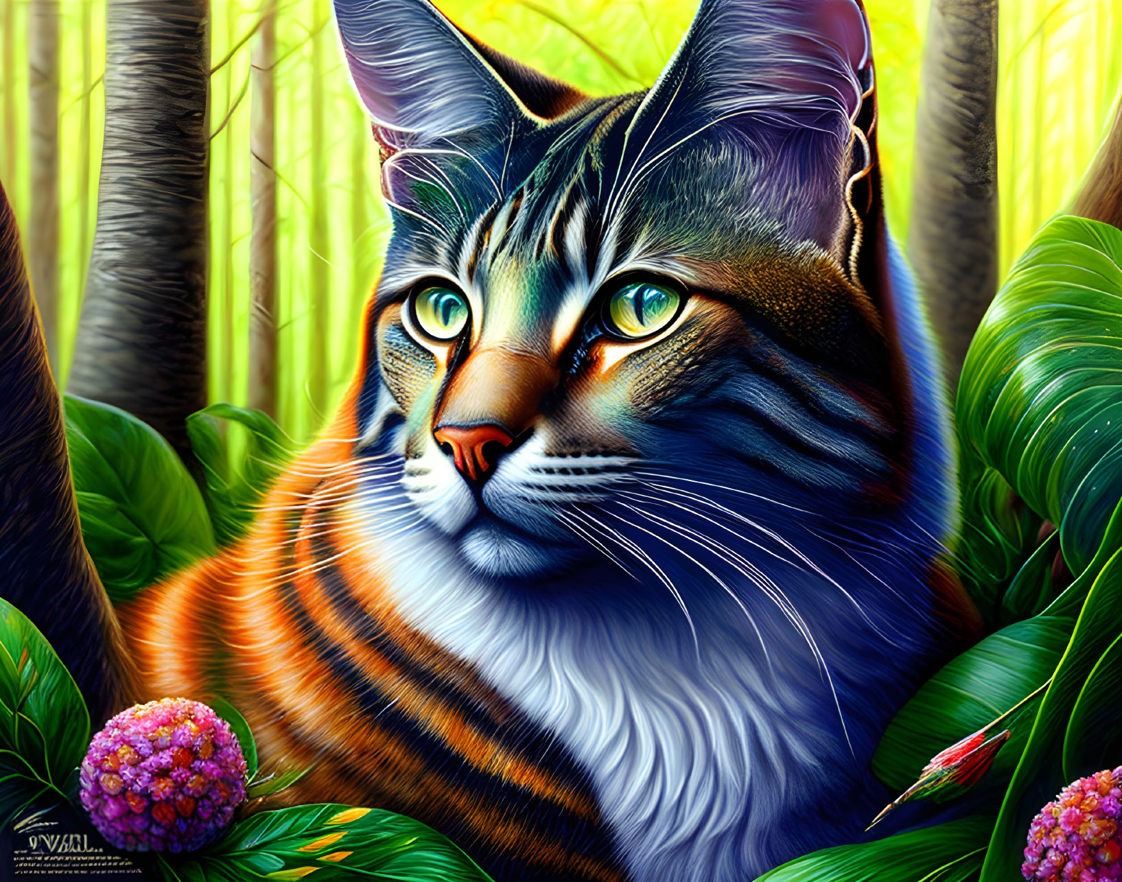 Vibrant Digital Artwork: Tabby Cat with Green Eyes in Lush Greenery