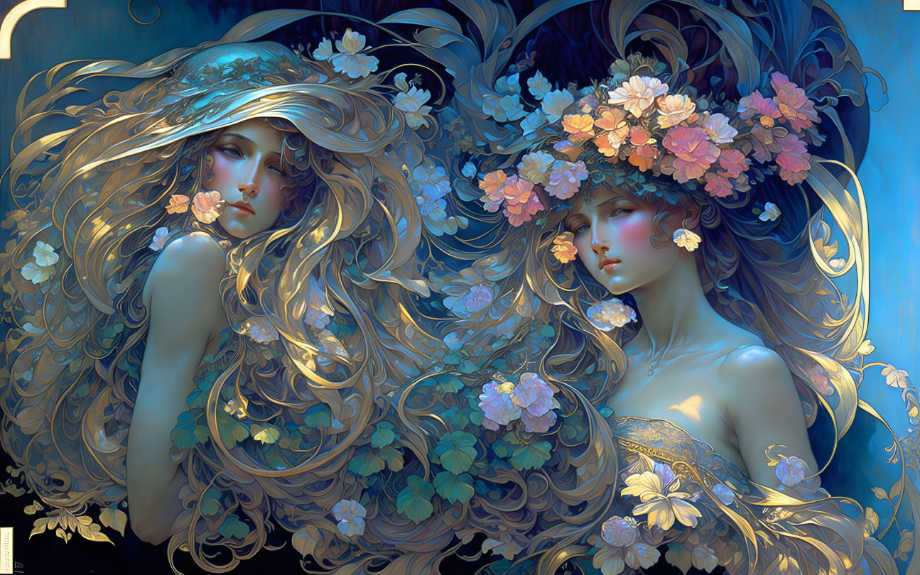 Ethereal women with floral crowns and flowing hair in moody blue setting