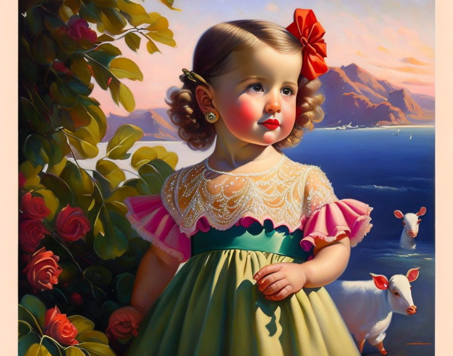 Young girl with red bow in vintage dress beside roses, lambs, and seascape