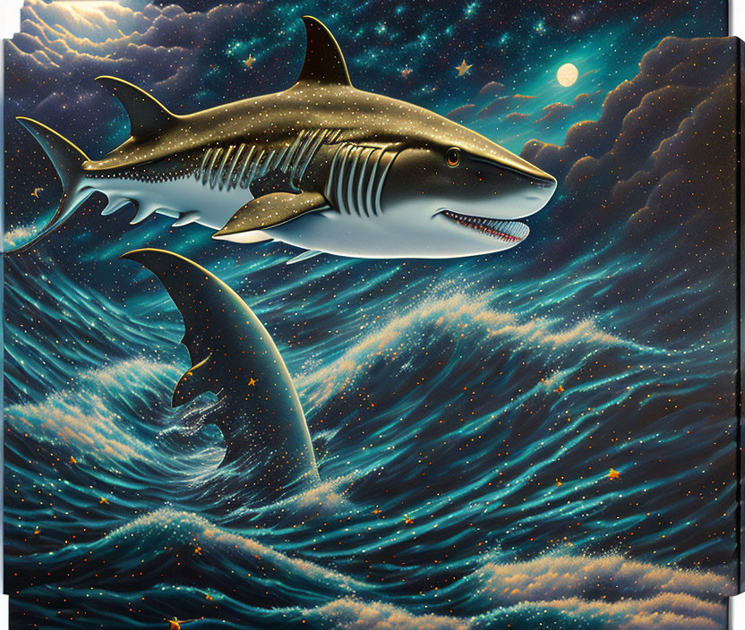 Surreal painting: Shark with galaxy pattern swimming in cosmic ocean