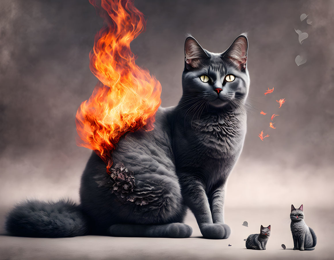 Digital Artwork: Large Grey Cat with Fiery Tail and Whimsical Background