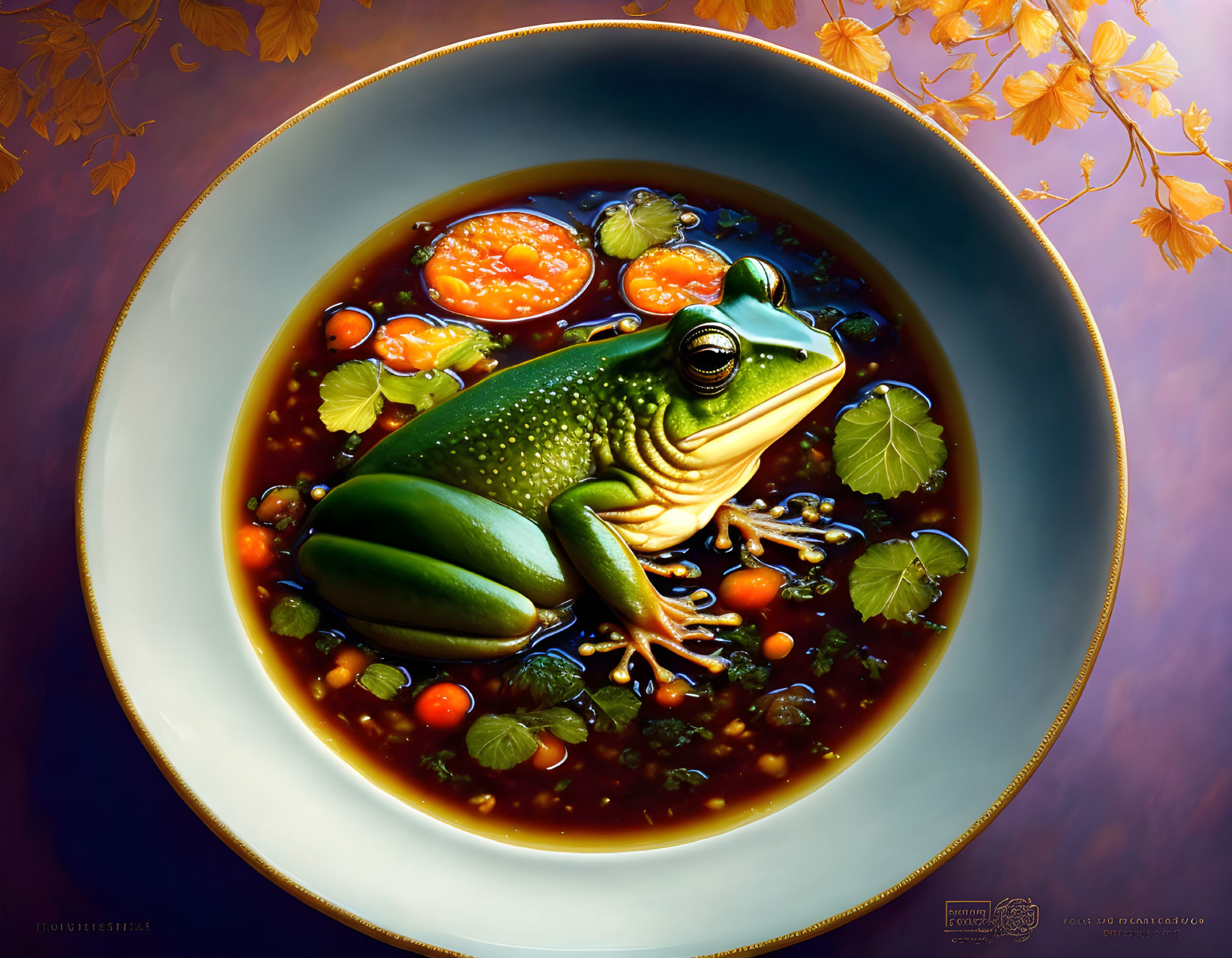 Colorful Frog in Soup Bowl with Tomatoes and Herbs on Autumn Leaf Background