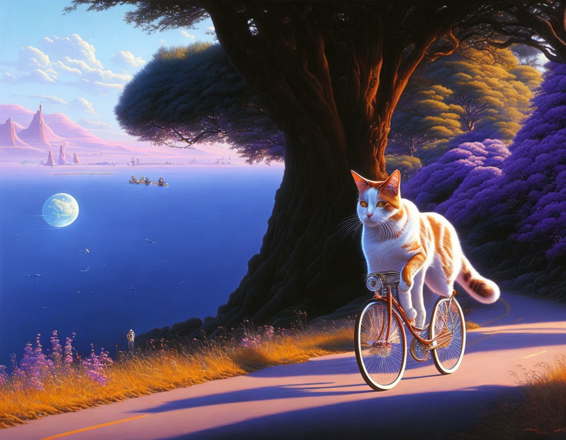 Cat riding bicycle by the sea with moon and cityscape