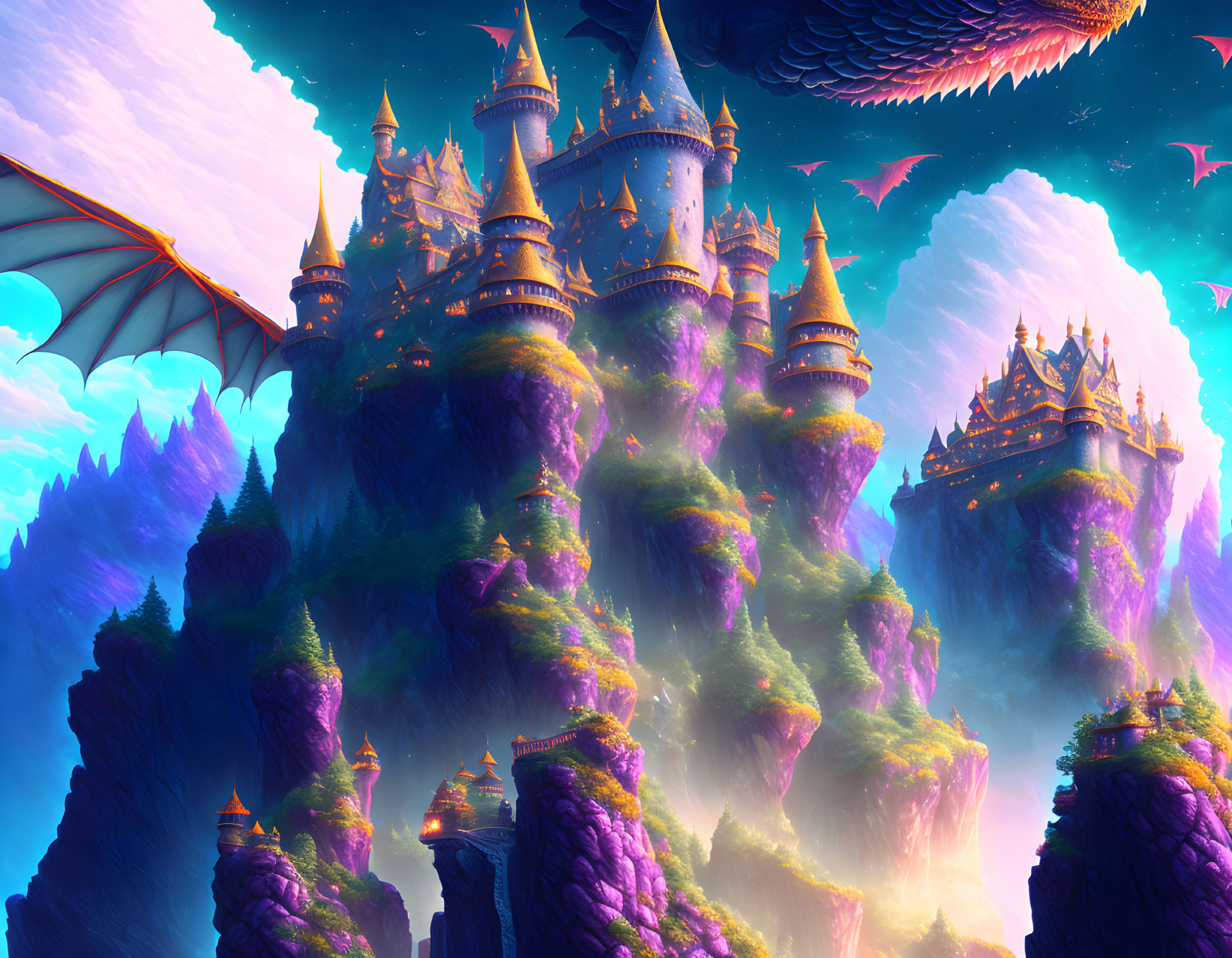 Fantasy Landscape: Castles on Floating Islands with Flying Creatures