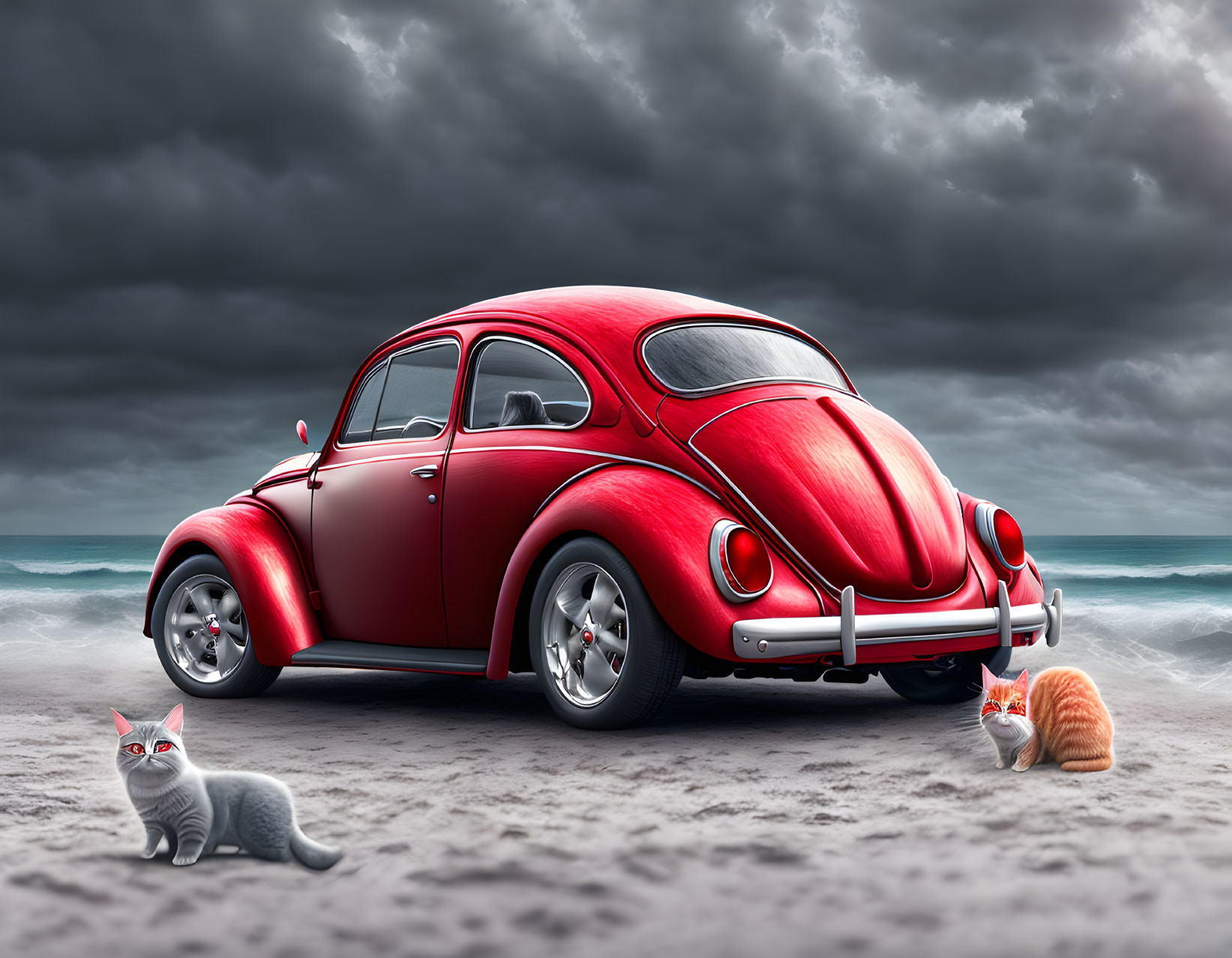 Vintage Red Beetle Car on Beach with Cats under Cloudy Sky