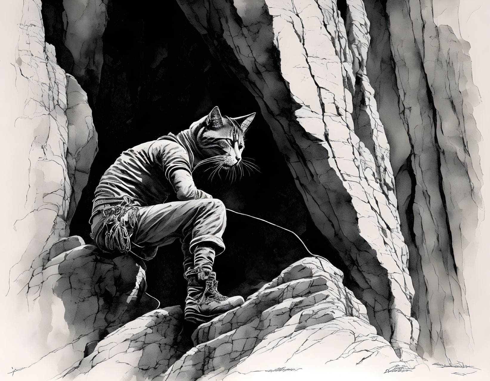 Monochrome illustration of person with cat's head fishing on rocky terrain