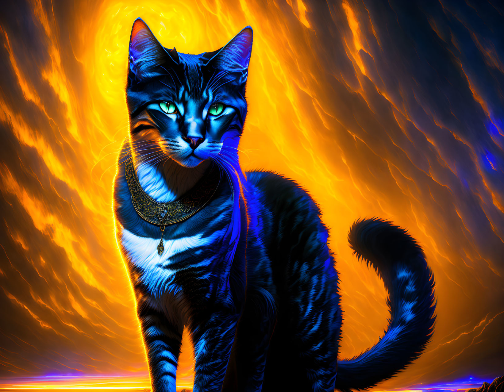 Blue Cat Artwork with Mystical Background