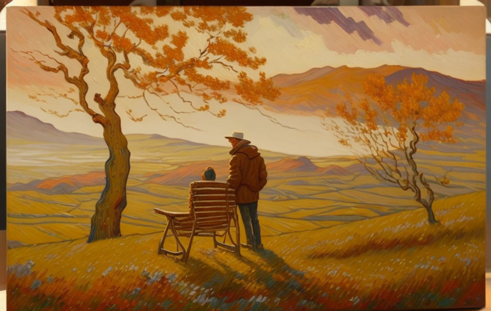 Person in Hat Observing Autumn Landscape with Hills and Mountains