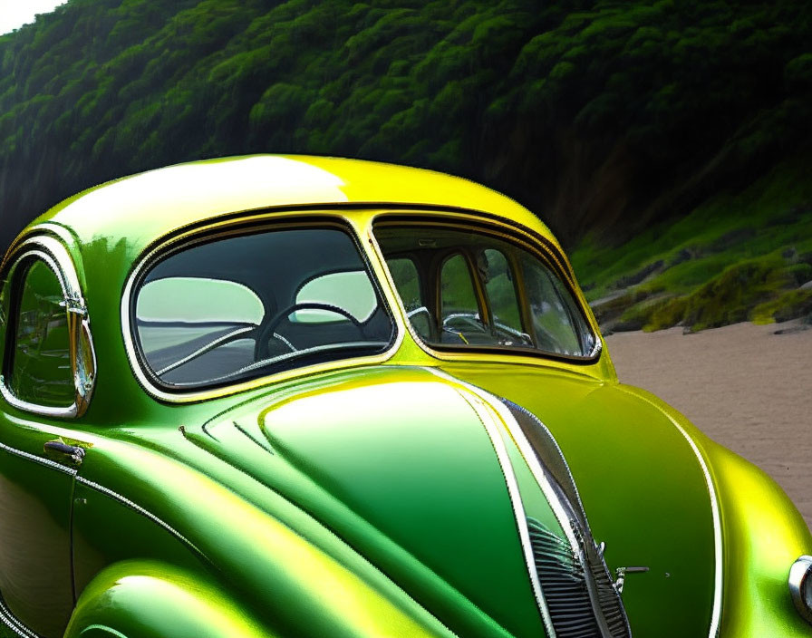 Vintage Green Car with Chrome Detailing Against Green Hillside