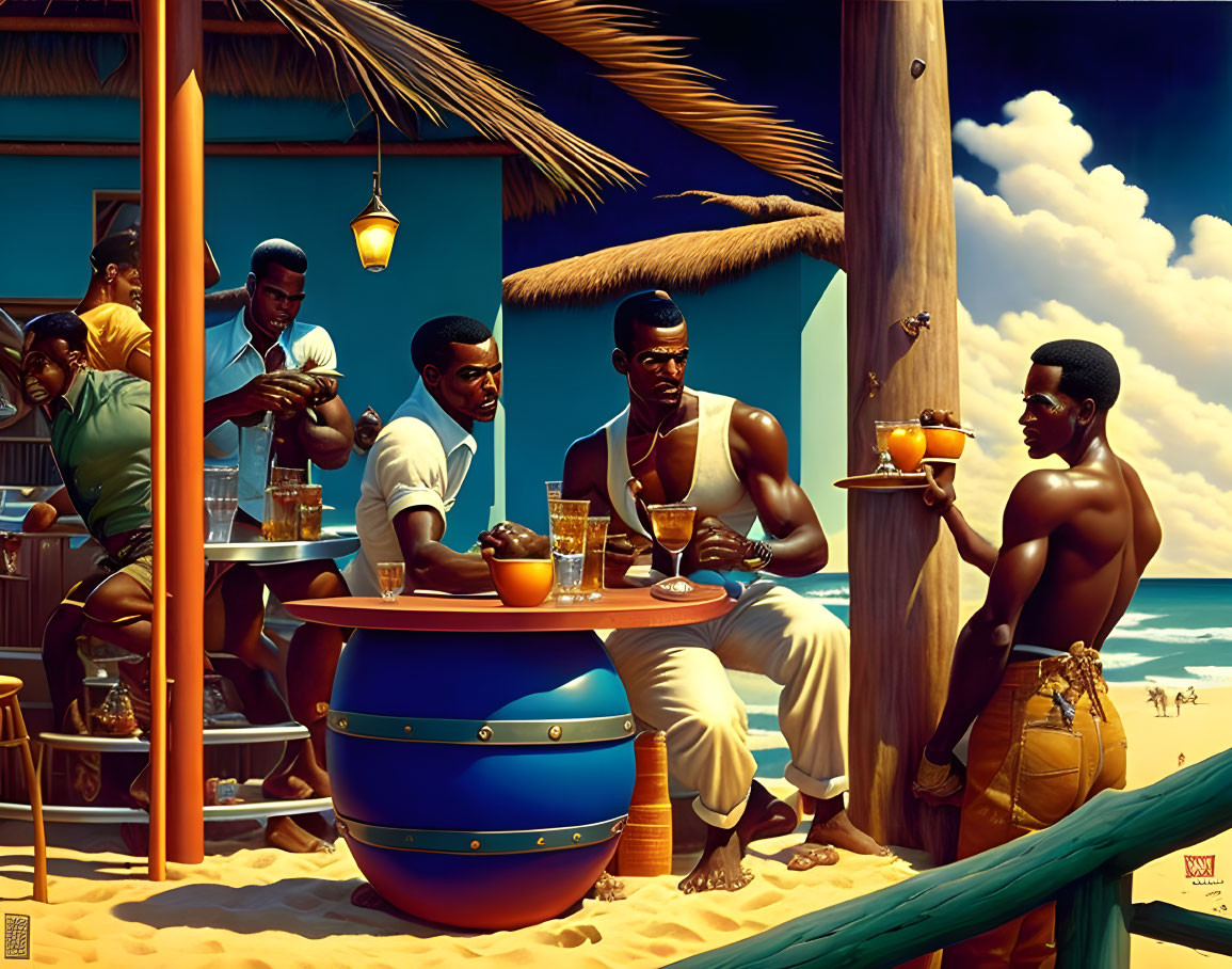 Group of men socializing at a beach bar under clear blue sky