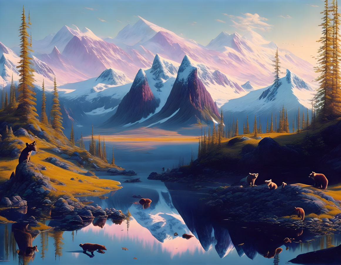 Majestic snow-capped mountains, reflective lake, pine trees, deer, and bears in serene