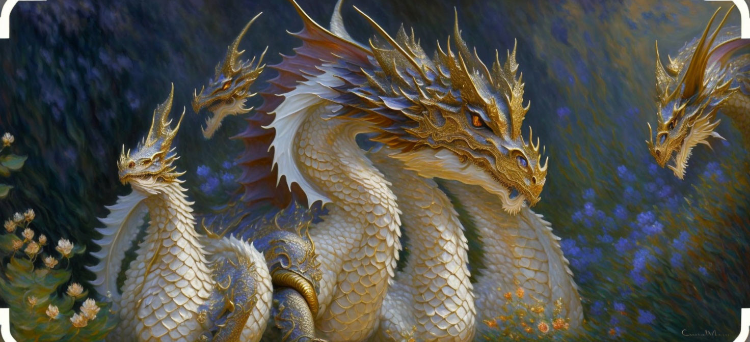 Golden three-headed dragon in vibrant flower landscape