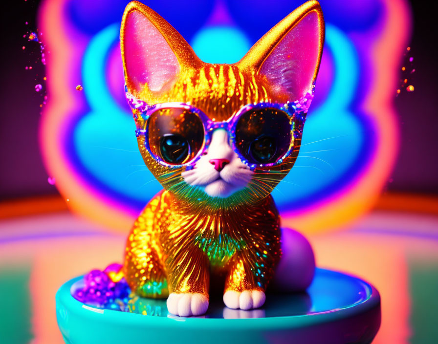 Colorful Gold Cat Figurine with Sunglasses on Neon Background