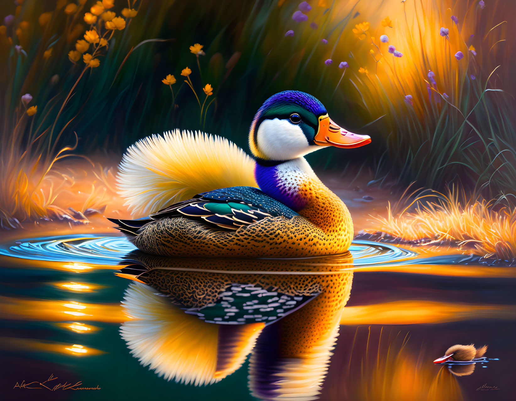 Colorful Duck Floating in Calm Water Surrounded by Lush Golden-Hued Nature