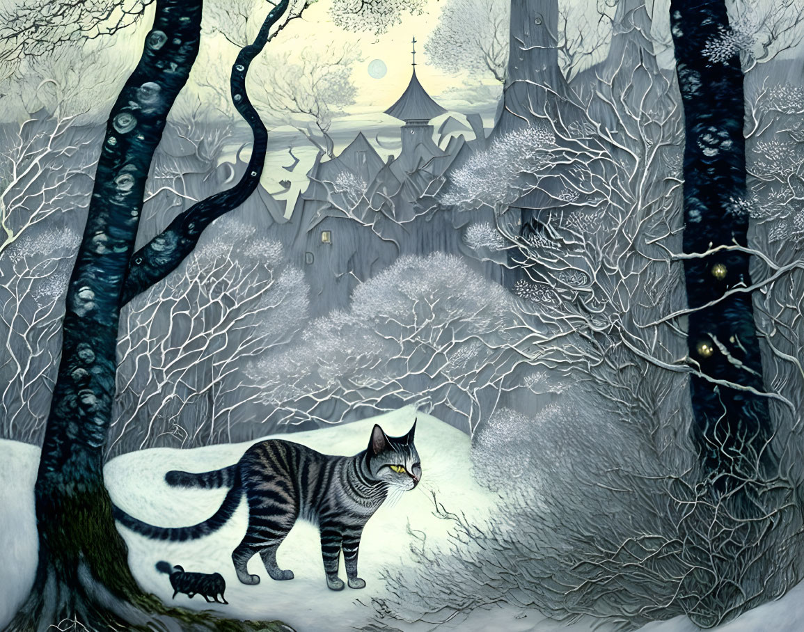 Striped cat in snowy forest with faces and castle.