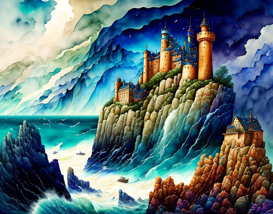 Illustration of fairytale castle on steep cliffs with ships and dramatic sky